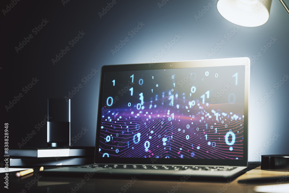 Aufkleber Creative concept of binary code illustration on modern laptop screen. Big data and coding concept. 3D Rendering