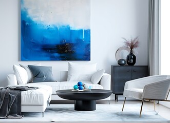 white living room interior with sofa, armchair and coffee table near cabinet in scandinavian style decorated with blue abstract painting on wall and black vases filled of colorful balls
