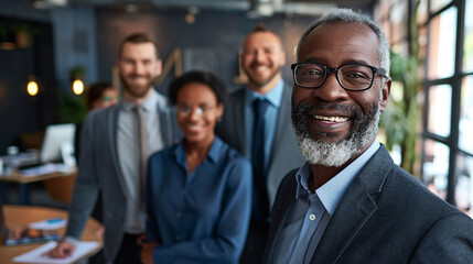 Portrait, happy and business people in office for solidarity, support or motivation with bokeh. Partnership, face and person team with diversity in solidarity for startup, management or collaboration