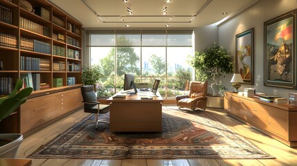 Fototapeta premium Modern office interior with large windows and a city view
