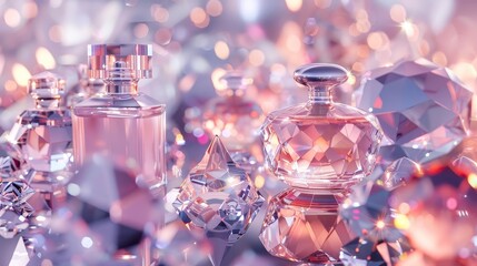 A high-tech 3D background featuring abstract luxury cosmetics structures like crystal-clear perfume bottles and diamond-encrusted compacts with space for branding