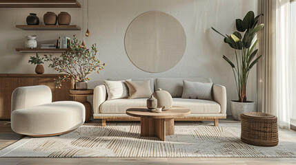 minimalist living room in the japandi style with furniture.