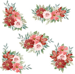 red pink floral watercolor bouquet collection