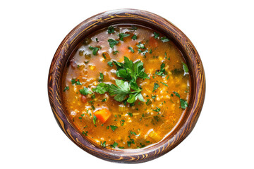 Close Up of Hearty Vegetable Soup With Rice and Parsley Garnish