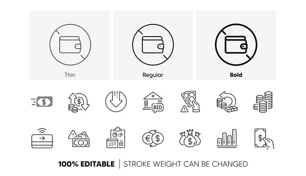 Wallet, Coins and Contactless payment line icons. Pack of Money transfer, Cash back, Change money icon. Bribe, Check investment, Graph chart pictogram. Report, Bid offer, Download arrow. Fraud. Vector