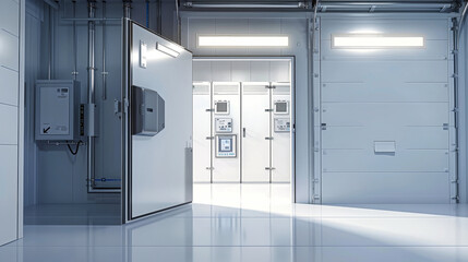 A large, stainless steel freezer door stands open, revealing a sterile and brightly lit industrial cold storage room