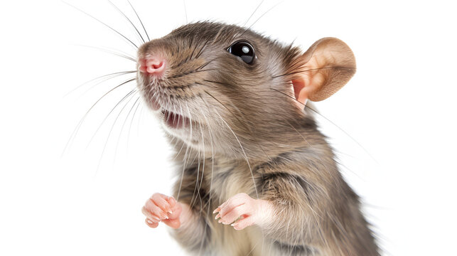 closeup young rat Rattus norvegicus stands on its feets isolated on a white background, generative AI