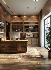 Fototapeta premium Home office interior design with wooden wall paneling and large windows