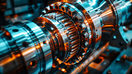 Close up of a machine with rotating gears in an industrial setting