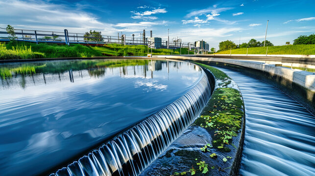 Crystal-clear water cascades gently down a canal in a bustling city, reflecting the surrounding buildings and bringing a sense of tranquility to the urban landscape