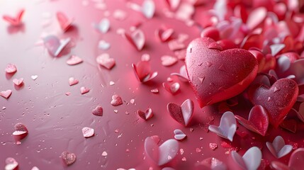 Red and pink hearts on a pink background
