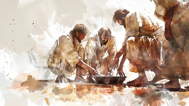 A watercolor painting depicts Jesus washing the feet of his disciples, showcasing a powerful moment of humility and service
