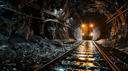 Obraz premium A train carrying ore travels through a dark and narrow mine tunnel, illuminated by the glow of its headlights