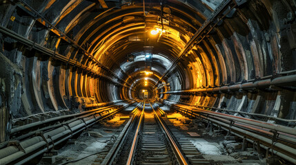Obraz premium A view down a long, dark mine tunnel, featuring a set of rusty rails leading towards a distant light source