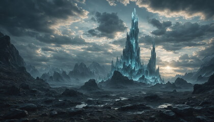 Towering, icy fortress stands majestically against backdrop of dramatic, twilight clouds. Fortress, bathed in soft, blue light, appears to rise from barren, rocky landscape
