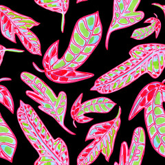 Exotic tropical watercolor leaves seamless pattern on  black background © AineGing