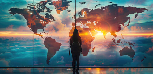 Traveler Admiring World Map Mural at Sunrise.