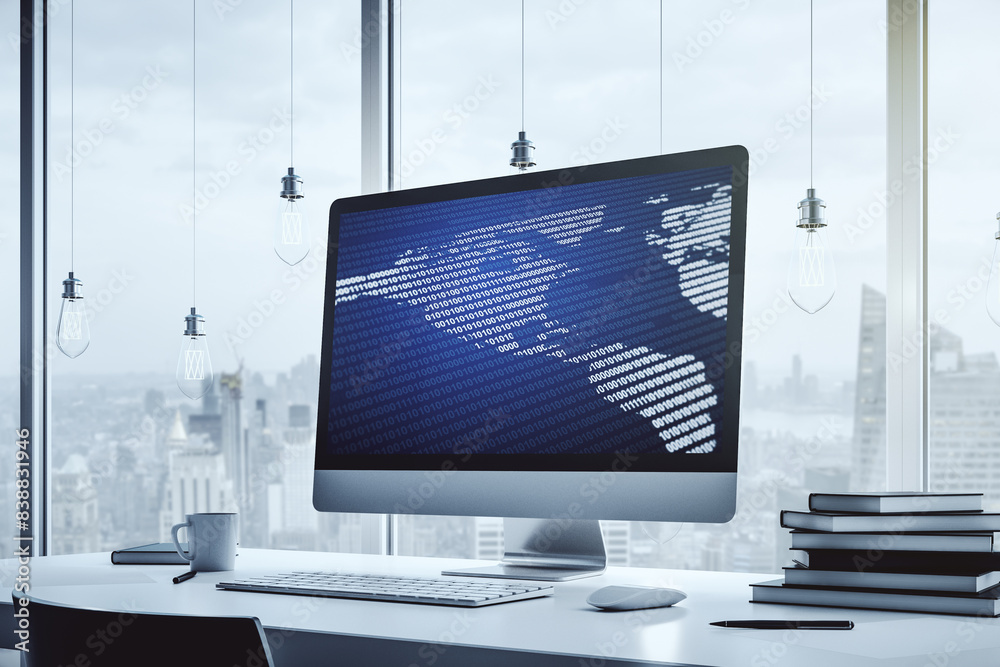 Poster America map on modern computer monitor, big data and digital technology concept. 3D Rendering