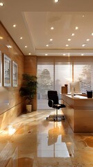 Office interior with wooden floor and walls, large windows and a plant