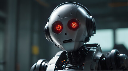 a robot with red eyes and headphones on