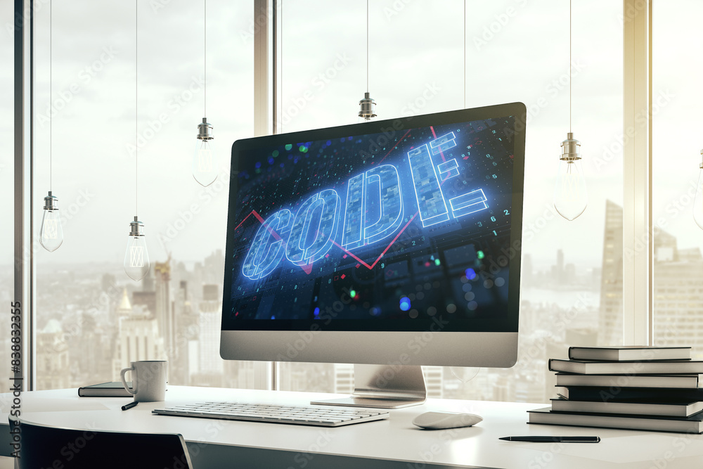 Fototapete creative code word hologram on modern computer monitor, artificial intelligence and neural networks 