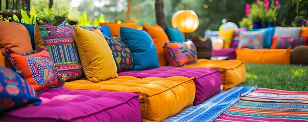Colorful outdoor seating with vibrant cushions and rugs in a garden setting, perfect for social gatherings and relaxation.