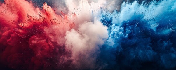 Fototapeta premium Explosion of red, white, and blue color powder in motion