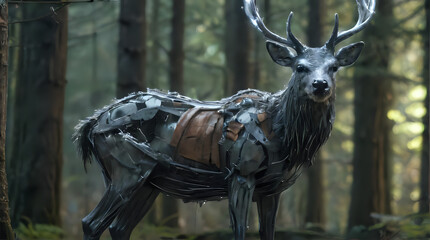 a metal sculpture of a deer in the woods