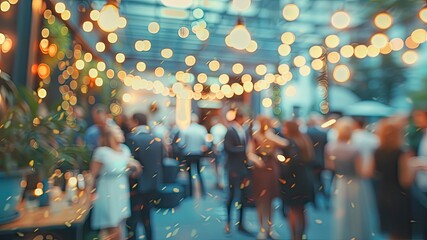 Blurred shot of people enjoying an outdoor office party. Perfect for events, social gatherings, and corporate celebrations.