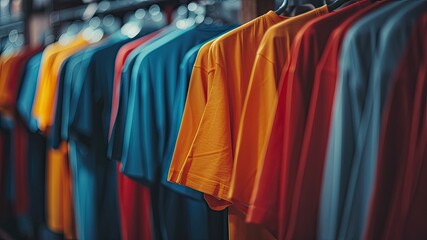 Obraz premium Close-up of a T-shirt rack in a clothes store, showcasing apparel and fashion items. Ideal for retail, closet organization, and fashion concepts with copy space.