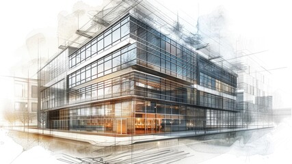 Authentic render of retro office building, combining sketch form and blueprint detail with ample copy space. Perfect for creative projects.