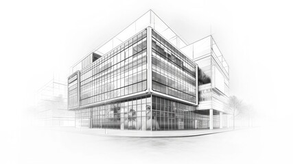 Fototapeta premium Sketch-style render of a retro office building resembling a blueprint. Ample copy space for vintage architectural concepts and designs.