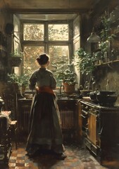 Fototapeta premium A woman standing in a kitchen looking out the window