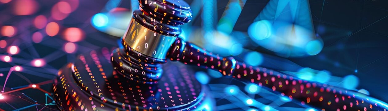 Close-up of a judge's gavel with digital technology background, representing the intersection of law and technology.