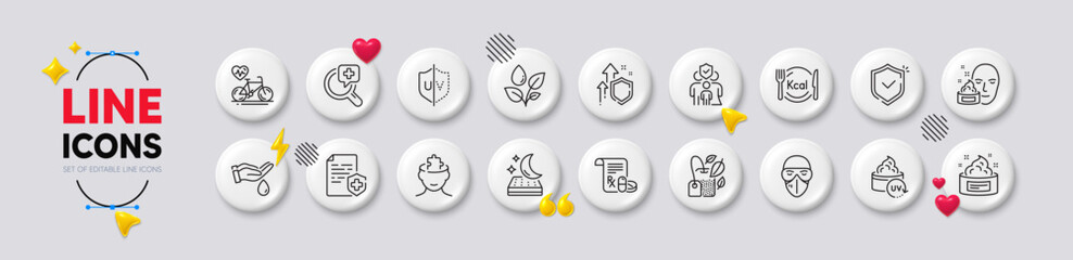 Wash hands, Medical prescription and Improving safety line icons. White buttons 3d icons. Pack of Uv protection, Mattress, Medical analyzes icon. Vector