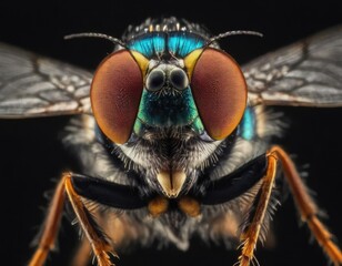 Macro view of  fly on a black background, insect