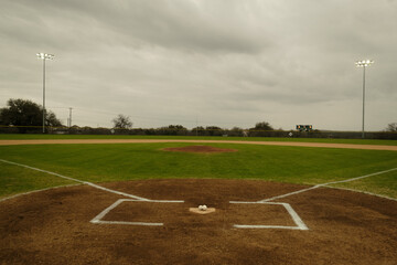 Wide Angle Baseball Field from Home Plate with Stadium lights