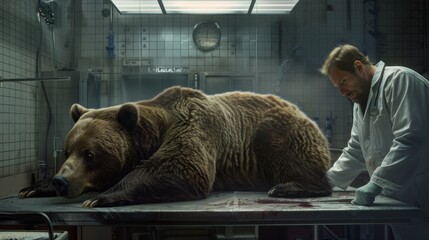 Veterinarian examining a tranquilized brown bear on an operating table in a clinical environment, focused on wildlife conservation and health.