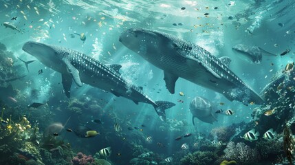 Fototapeta premium Two magnificent whale sharks swim gracefully through a vibrant coral reef with various fish species. Perfect for marine life enthusiasts.