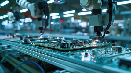 Fototapeta premium Robotic Arms Assembling Circuit Boards in High-Tech Factory