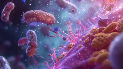 Fototapeta premium Vibrant, detailed depiction of microscopic bacteria in a colorful, dynamic environment. Perfect for scientific and educational material.
