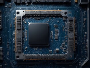 Fototapeta premium Detailed View of a CPU Chipset and AI Robot on the Processor Board