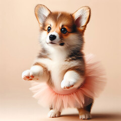 Cute Corgi Puppy Wearing Tutu Standing On Hind Legs Ready To Dance Against A Beige Background