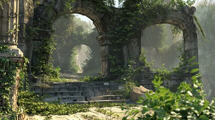Naklejka premium Ancient stone arches covered in lush greenery, leading to a mystical forest with a hint of sunlight breaking through the foliage.