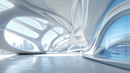 Fototapeta premium Futuristic white building interior in 360 degree VR style