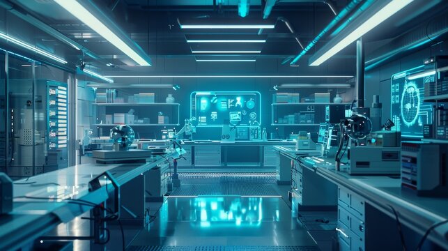 Futuristic laboratory with advanced technology equipment, illuminated by blue lights, featuring lab benches and scientific instruments.
