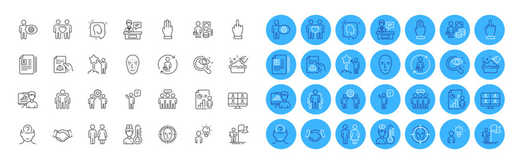 Group, Agent and Thermometer line icons pack. Employees group, Head, Cogwheel web icon. Hand washing, Face biometrics, Three fingers pictogram. Star, Handshake, Technical documentation. Vector