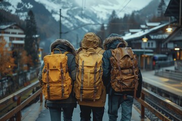 A group of friends backpacking on a train station