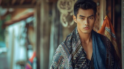 Obraz premium Handsome Asian man in the Thai traditional colorful cloth in festival