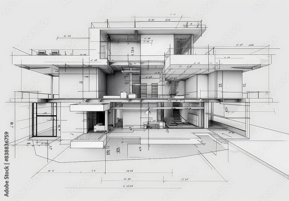Poster Wireframe rendering of a contemporary house with technical details